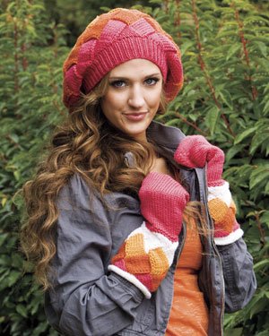 Yvette Entrelac Beret and Mittens - Orange