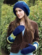 Yvette Entrelac Beret and Mittens - Blue