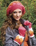 Yvette Entrelac Beret and Mittens - Orange